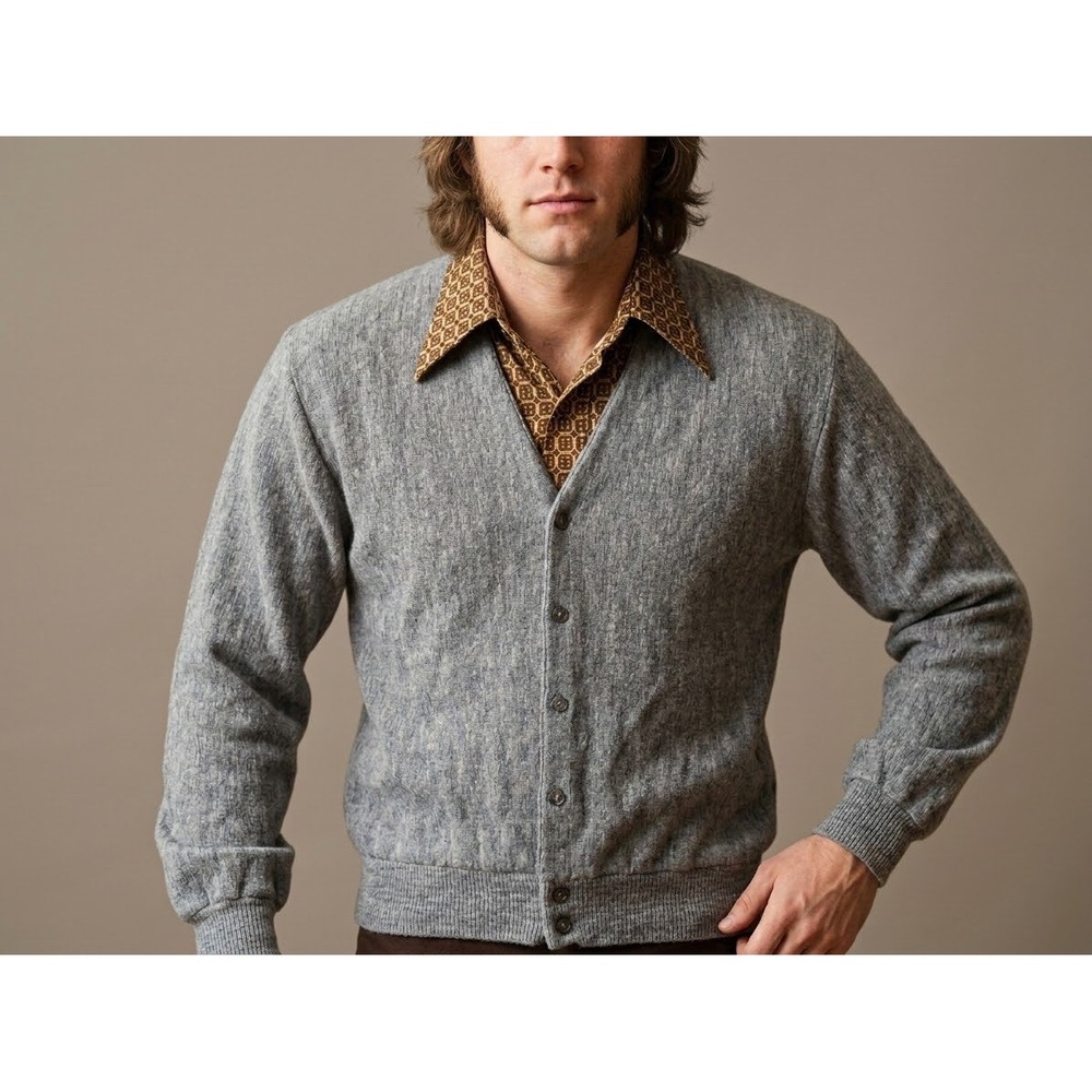 Vintage 70s Pinnacle Men XL Gray Orlon Acrylic Cardigan Golf Sweater Made in USA